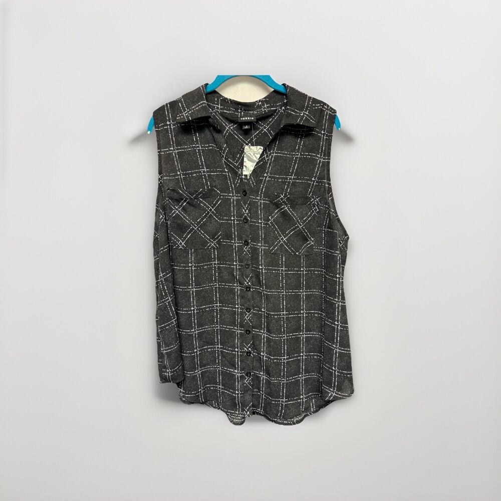 Torrid Womens Top Size 2 Black Madison Georgette Button Up Sleeveless Plaid